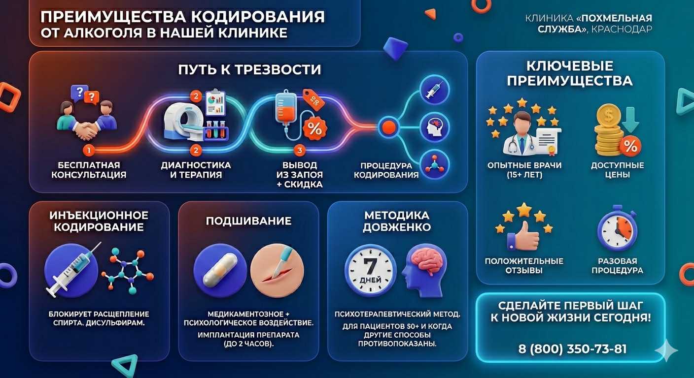 Инфографика о методах кодирования от алкоголя в Шахтах: инъекции, подшивание, метод Довженко. Преимущества клиники и этапы лечения.