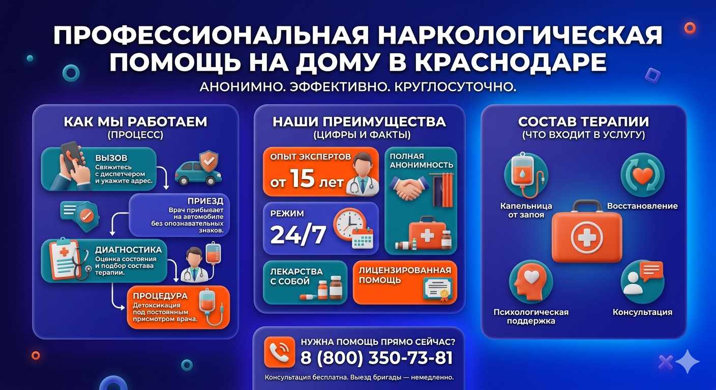 Инфографика о принципах лечения алкоголизма на дому в Шахтах: этапы вызова нарколога, преимущества анонимной детоксикации и состав медицинской помощи.